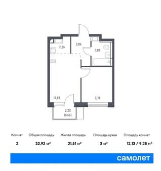 Купить однокомнатную квартиру, 32.92 м², 9 км за МКАД, этаж 10 из 17. Фото 1
