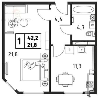Купить однокомнатную квартиру, 42.2 м², этаж 3 из 3. Фото 6