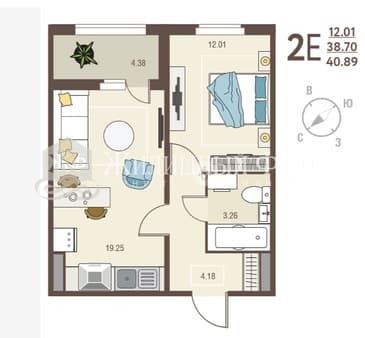 Купить двухкомнатную квартиру, 40.9 м², этаж 8 из 17. Фото 1