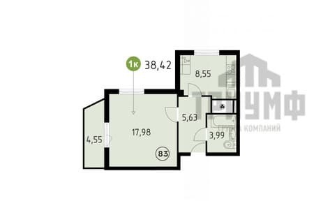 Купить однокомнатную квартиру, 38.42 м², этаж 11 из 14. Фото 2