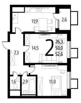 Продажа двухкомнатной квартиры, 52.6 м², 15 мин. до метро на транспорте, этаж 2 из 16. Фото 1