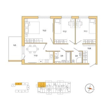 Продажа трехкомнатной квартиры, 72.12 м², этаж 3 из 5. Фото 1