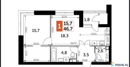 Продам однокомнатную квартиру, 46.7 м², этаж 33 из 43. Фото 6