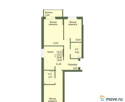 Продажа трехкомнатной квартиры, 68.06 м², этаж 5 из 5. Фото 1