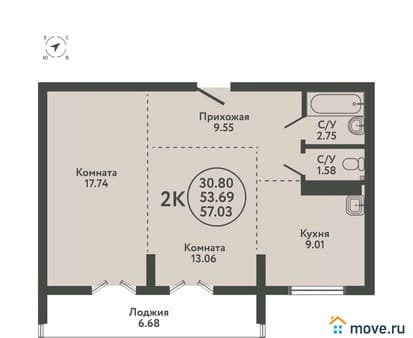 Продажа двухкомнатной квартиры, 57.03 м², этаж 3 из 9. Фото 1
