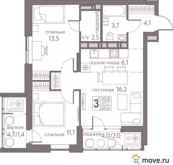 Купить трехкомнатную квартиру, 60.6 м², этаж 3 из 20. Фото 1