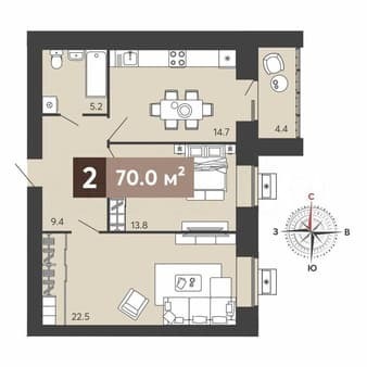 Продается двухкомнатная квартира, 70 м², этаж 6 из 17. Фото 1