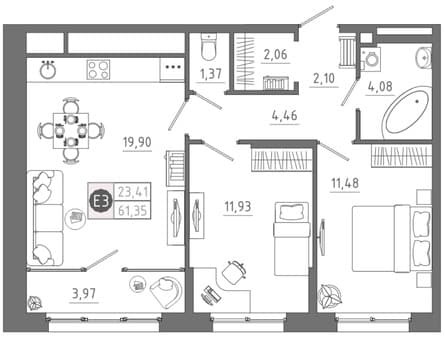 Продажа двухкомнатной квартиры, 61.4 м², этаж 2 из 10. Фото 5