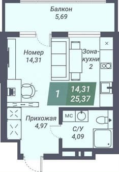 Продам однокомнатные апартаменты, 25.4 м², этаж 6 из 23. Фото 2