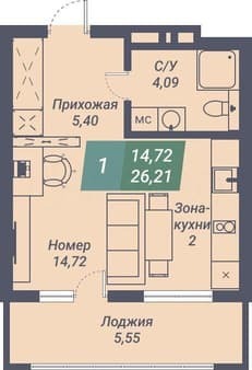 Купить однокомнатные апартаменты, 26.2 м², этаж 13 из 23. Фото 1