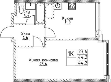 Объявление о продаже однокомнатной квартиры, 44.2 м², 15 мин. до метро пешком, этаж 11 из 19. Фото 1