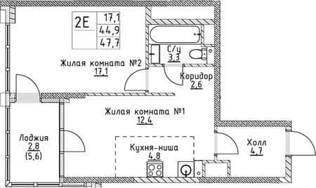 Купить однокомнатную квартиру, 47.7 м², 15 мин. до метро пешком, этаж 15 из 19. Фото 1