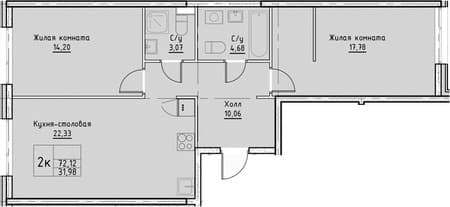 Купить двухкомнатную квартиру, 72.12 м², 20 мин. до метро на транспорте, этаж 2 из 25. Фото 2