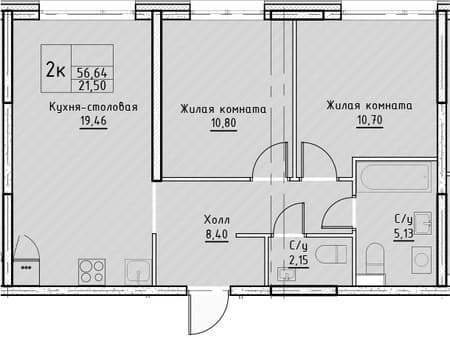 Продажа двухкомнатной квартиры, 56.64 м², 20 мин. до метро на транспорте, этаж 24 из 25. Фото 1
