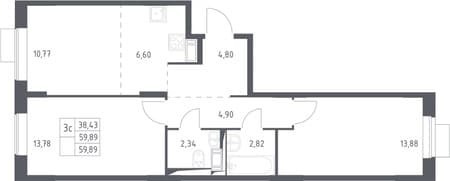 Продажа двухкомнатной квартиры, 59.89 м², 15 мин. до метро на транспорте, этаж 10 из 12. Фото 1