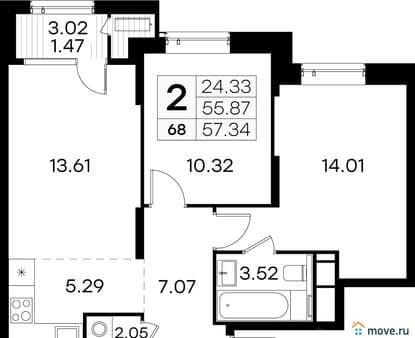 Купить двухкомнатную квартиру, 57.34 м², этаж 12 из 32. Фото 1