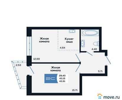 Купить двухкомнатную квартиру, 43.91 м², этаж 13 из 25. Фото 1