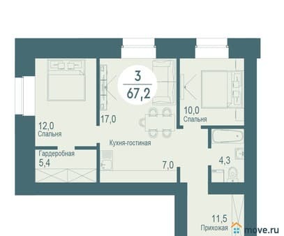 Купить трехкомнатную квартиру, 67.2 м², этаж 2 из 17. Фото 1
