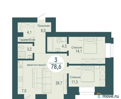 Продажа трехкомнатной квартиры, 78.6 м², этаж 4 из 17. Фото 1