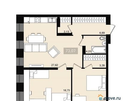 Продажа трехкомнатной квартиры, 73.07 м², этаж 4 из 20. Фото 1