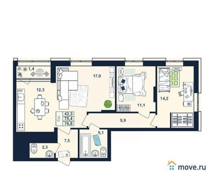 Купить трехкомнатную квартиру, 76.8 м², этаж 23 из 25. Фото 1