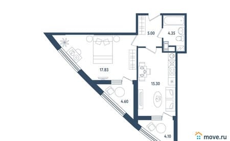Объявление о продаже однокомнатных апартаментов, 46.83 м², этаж 3 из 6. Фото 1
