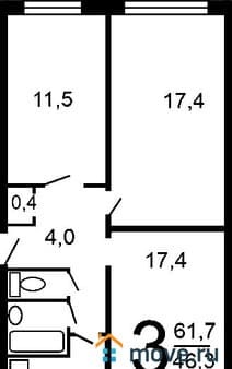 3-комн. квартира, 62.6 м²