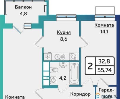 Продается двухкомнатная квартира, 55.7 м², этаж 10 из 17. Фото 1