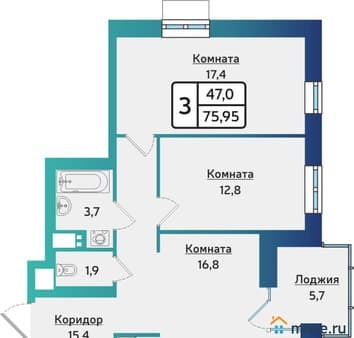 Продам трехкомнатную квартиру, 75.9 м², этаж 2 из 17. Фото 1