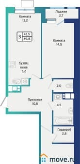 Продажа трехкомнатной квартиры, 69.1 м², этаж 3 из 16. Фото 1