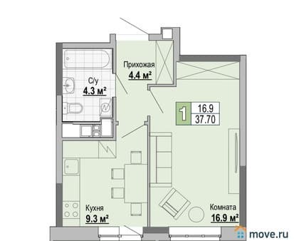 Объявление о продаже однокомнатной квартиры, 37.7 м², этаж 11 из 17. Фото 1