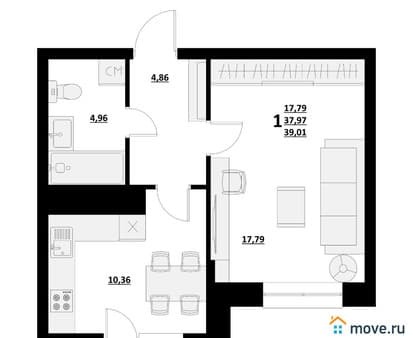 Продать однокомнатную квартиру, 39.01 м², этаж 6 из 9. Фото 1