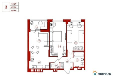 Продажа трехкомнатной квартиры, 65.6 м², этаж 3 из 16. Фото 1