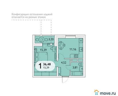 Продается однокомнатная квартира, 36.48 м², этаж 5 из 16. Фото 1