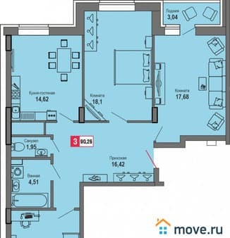 Купить трехкомнатную квартиру, 90.26 м², этаж 12 из 24. Фото 1