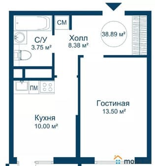 Продаем однокомнатную квартиру, 38.89 м², этаж 5 из 5. Фото 1