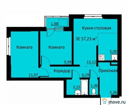 Продать трехкомнатную квартиру, 57.23 м², этаж 2 из 16. Фото 1