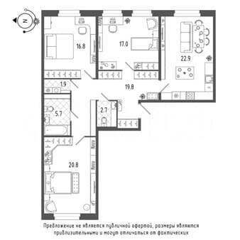Купить трехкомнатную квартиру, 107.3 м², этаж 1 из 19. Фото 1