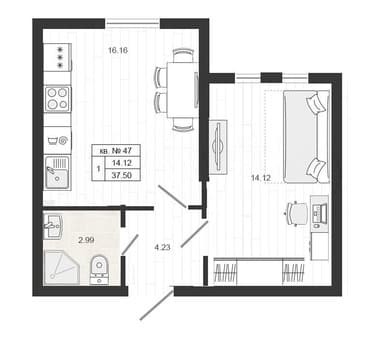 Купить однокомнатную квартиру, 37.5 м², этаж 1 из 4. Фото 2