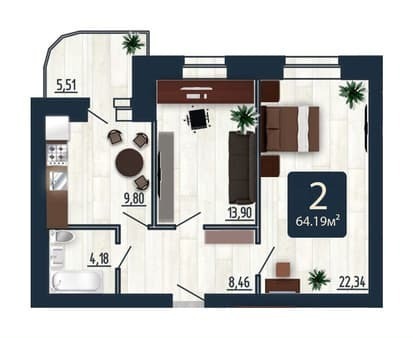 Продать двухкомнатную квартиру, 64.2 м², этаж 2 из 9. Фото 1