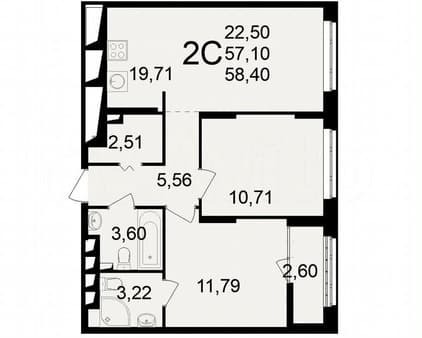 Купить двухкомнатную квартиру, 58.4 м², этаж 8 из 22. Фото 1