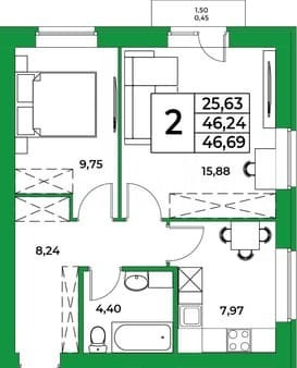 Купить двухкомнатную квартиру, 46.7 м², этаж 5 из 9. Фото 1
