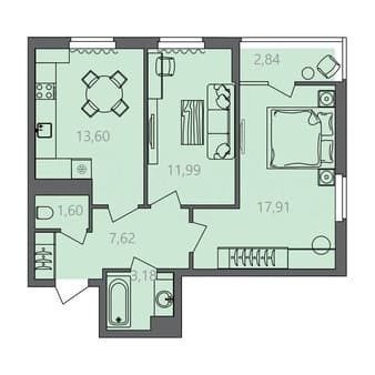 Продаем двухкомнатную квартиру, 57.3 м², этаж 9 из 10. Фото 1