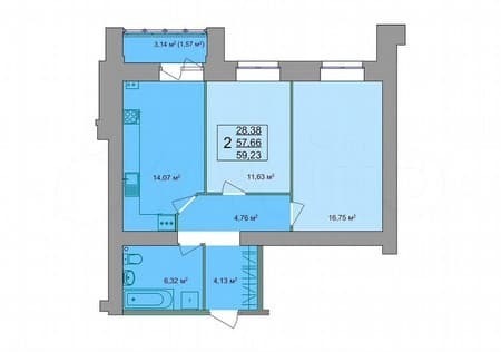Продажа двухкомнатной квартиры, 59.2 м², этаж 2 из 9. Фото 2