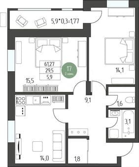 Купить двухкомнатную квартиру, 65.4 м², этаж 3 из 5. Фото 1