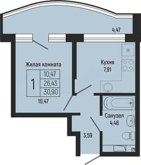 Купить однокомнатную квартиру, 30.7 м², этаж 14 из 16. Фото 1