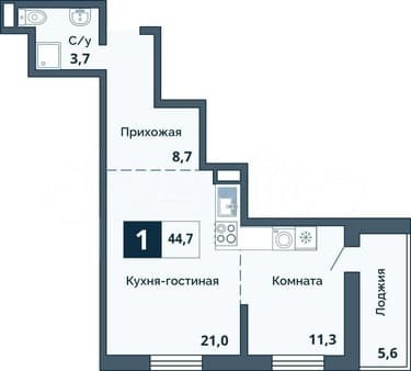 Продаем однокомнатную квартиру, 44.7 м², этаж 5 из 19. Фото 1