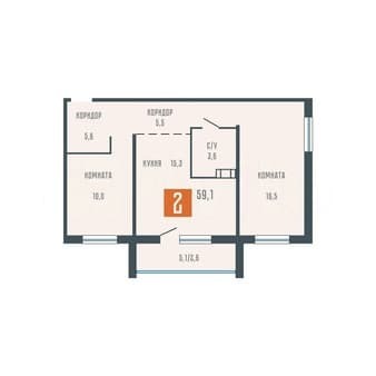 Купить двухкомнатную квартиру, 59.1 м², этаж 2 из 10. Фото 1