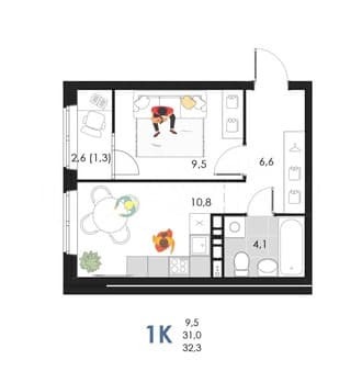 Продать однокомнатную квартиру, 32.3 м², этаж 6 из 6. Фото 1
