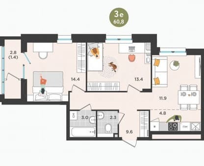 Продажа трехкомнатной квартиры, 61 м², этаж 1 из 9. Фото 3